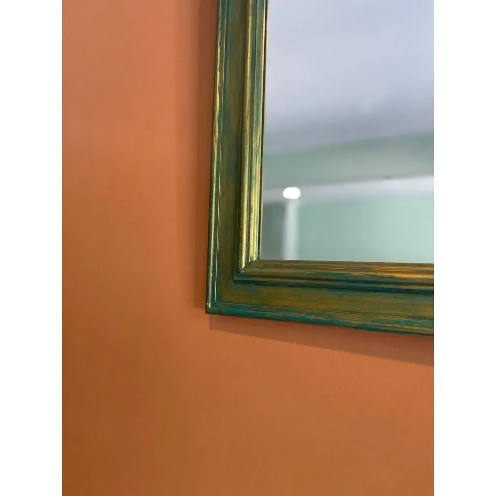 Distressed Teal Gold Wood Wall Mirror 19” Boho Eclectic Rectangular Accent Mirro